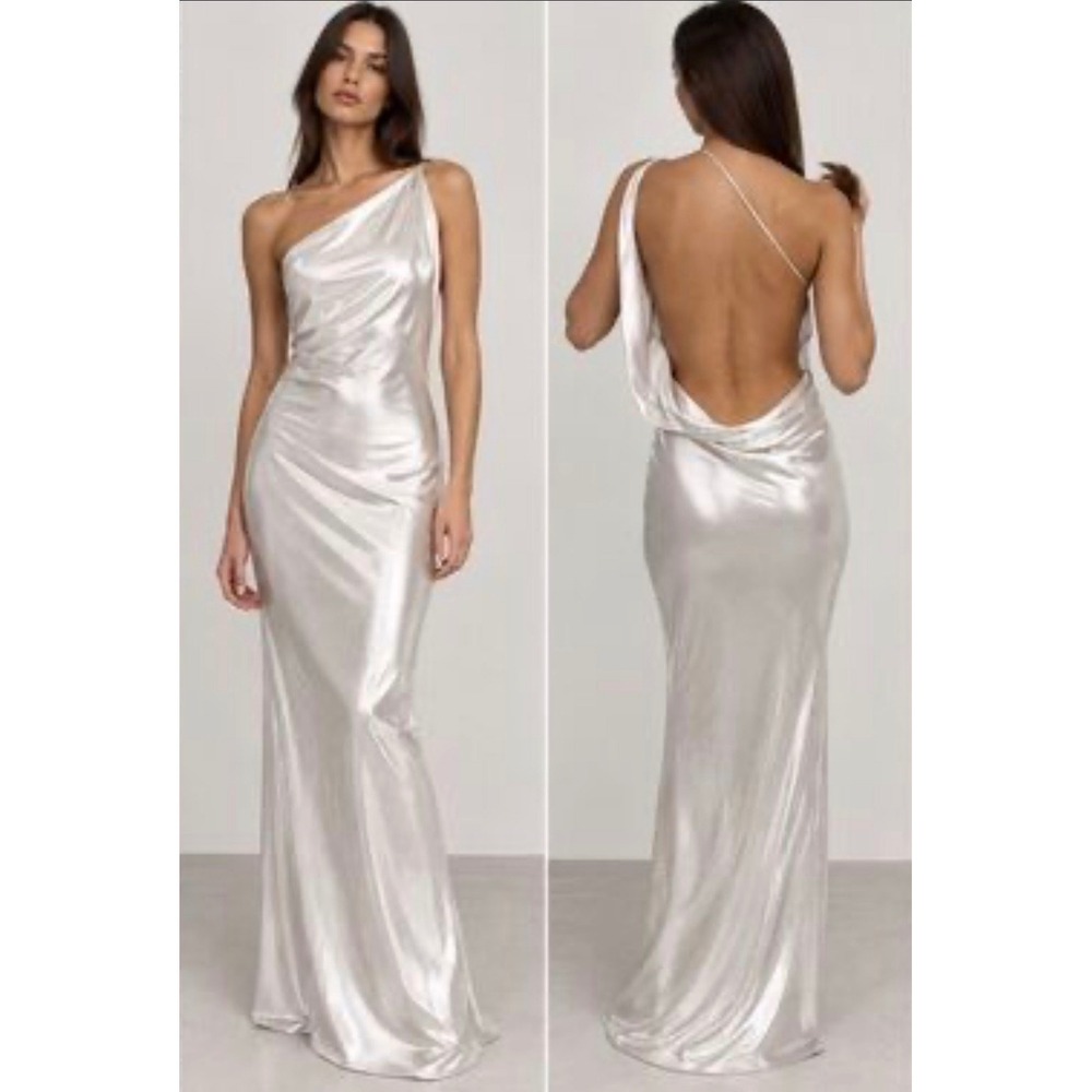 NWOT Zara One Shoulder Foil Maxi Dress Ivory Metallic Shimmer Medium Glam Sexy